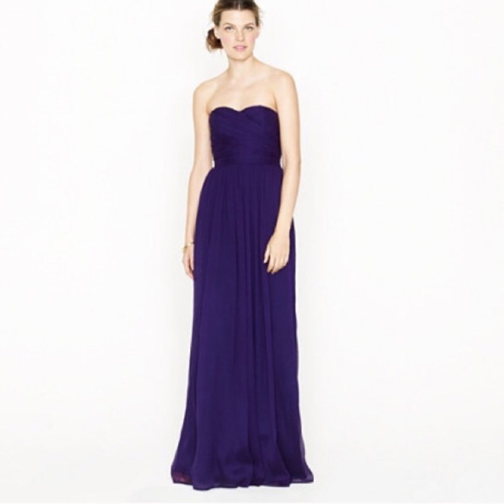 J. Crew purple silk chiffon long formal strapless dress